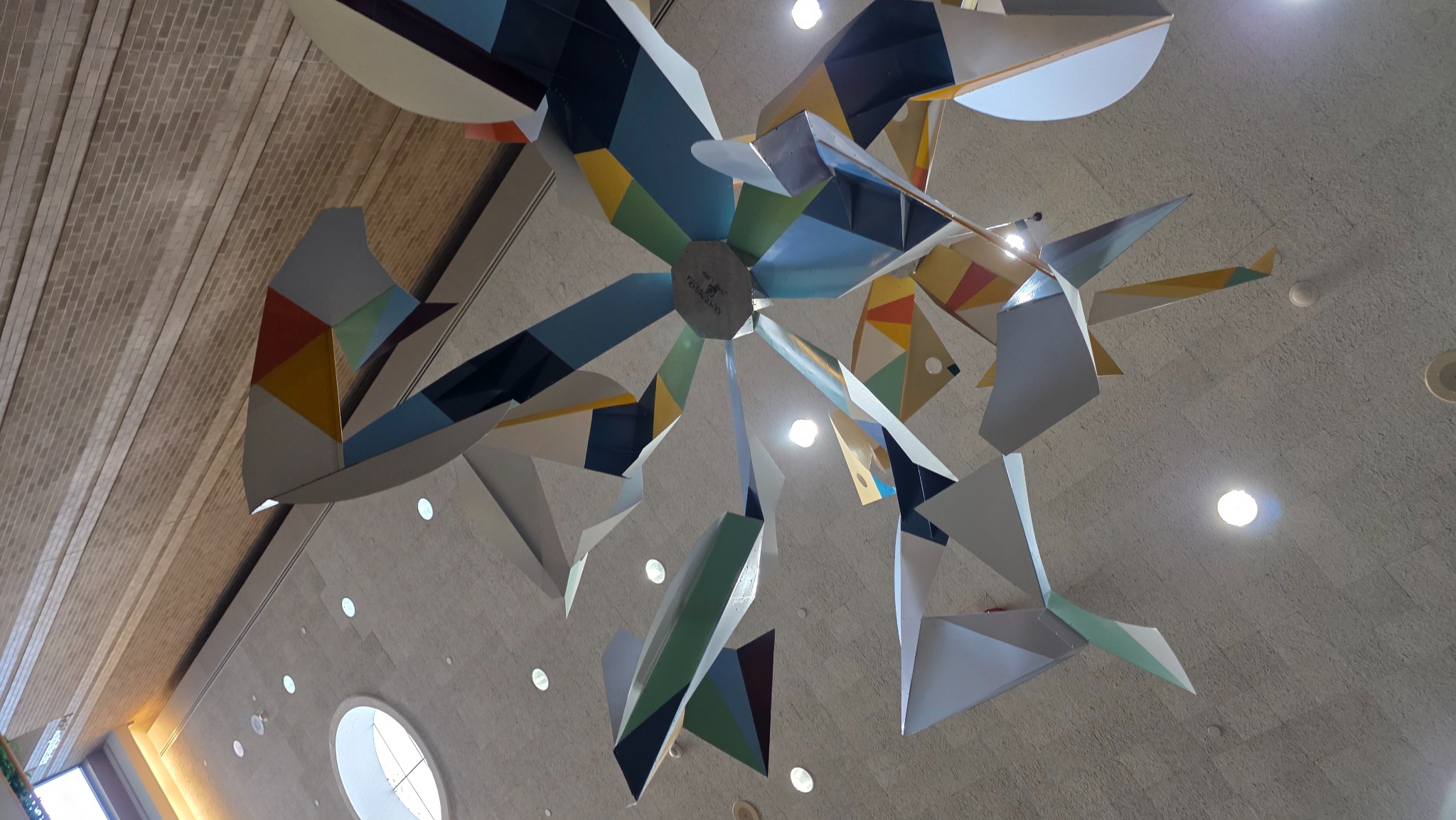 Another view of the colorful lobby sculpture.