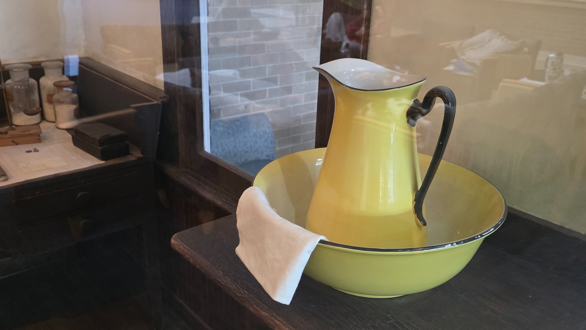 A pitcher and washbasin in the historical exhibit