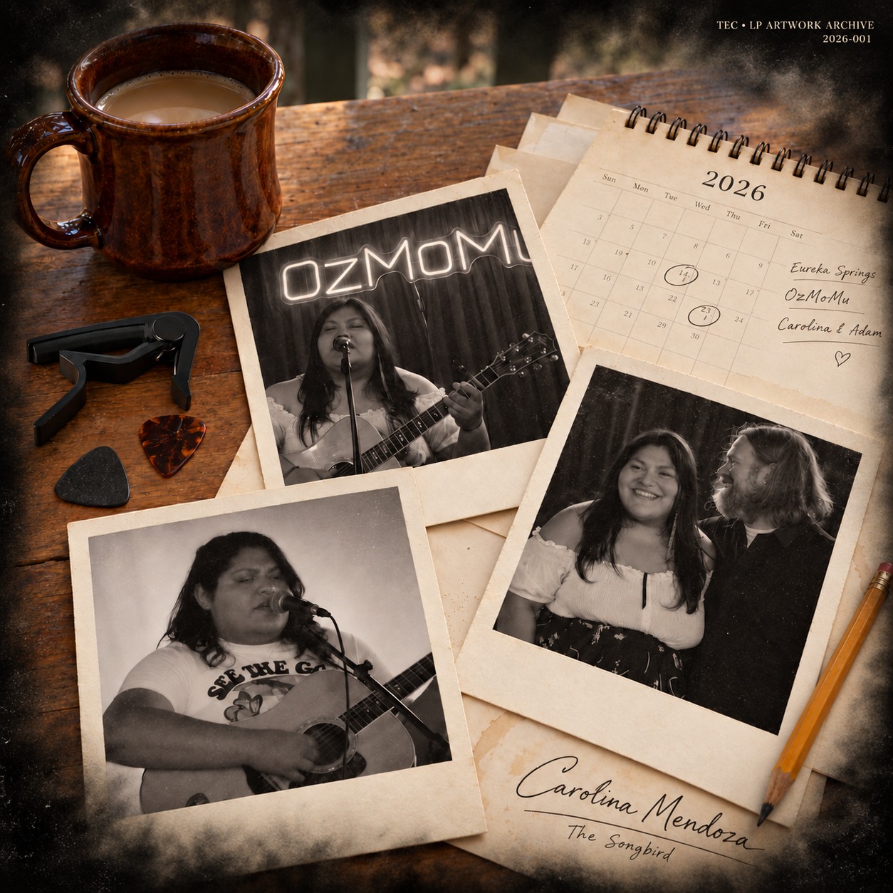 Back-cover artwork concept: photographs, coffee, notes, and memories on the studio’s oak table.