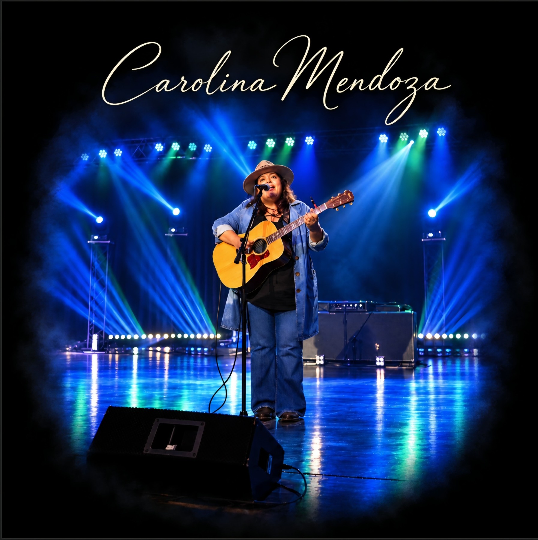 Carolina Mendoza — concert photograph developed into an LP front-cover concept.